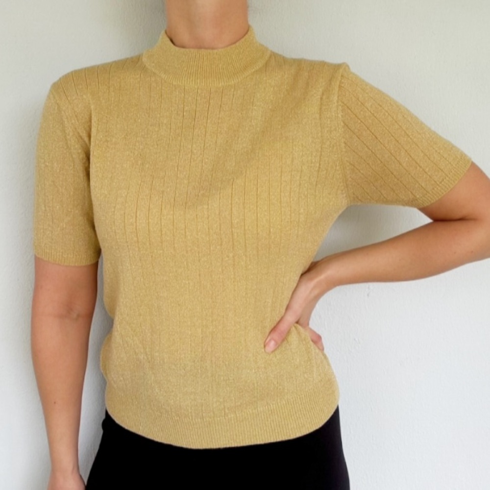Vintage Sag Harbor Petite metallic gold mock neck short sleeve sweater medium